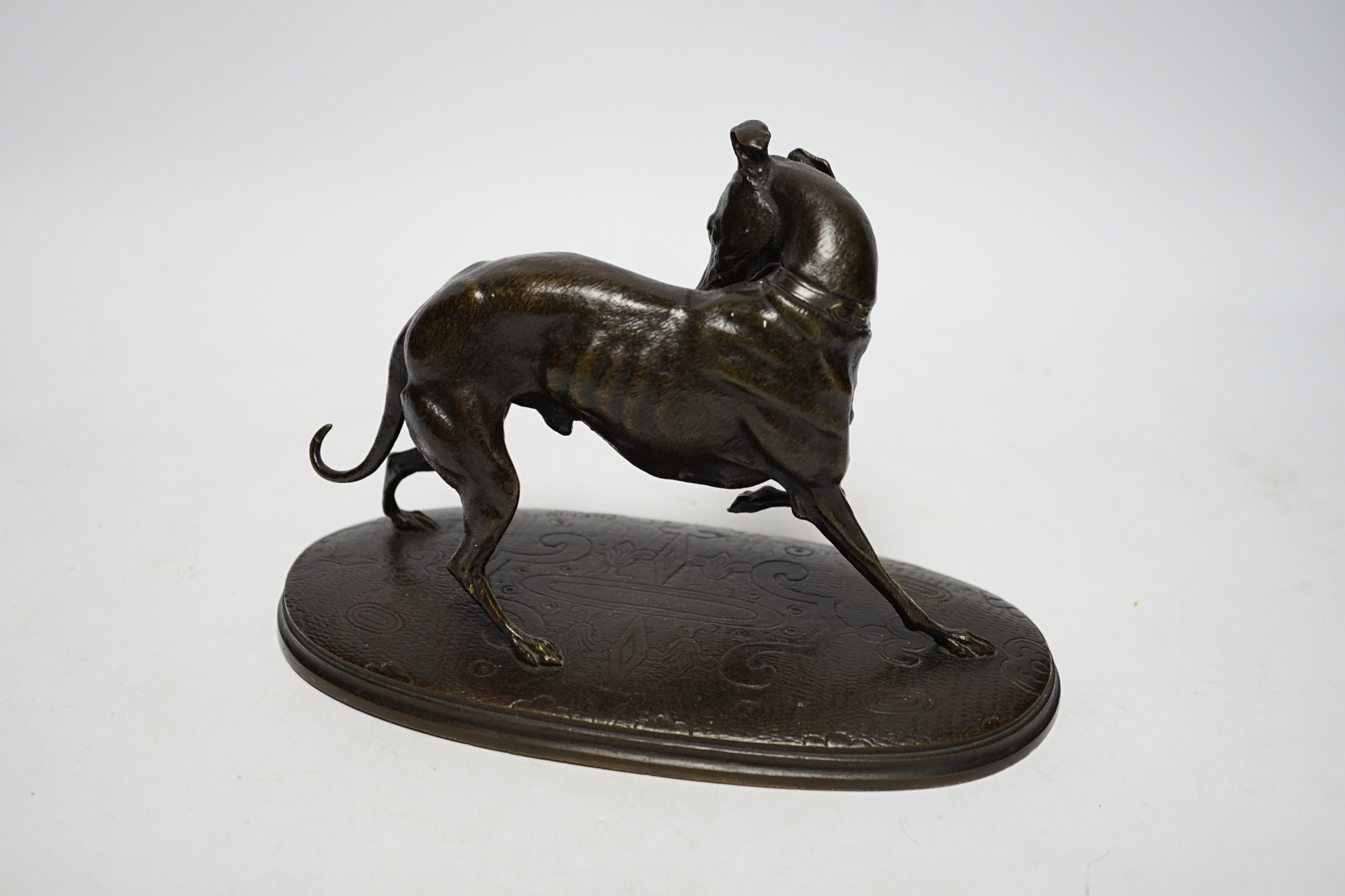 After Joseph Francois Chemin (1825-1901), a bronze study of a whippet, 21cm wide